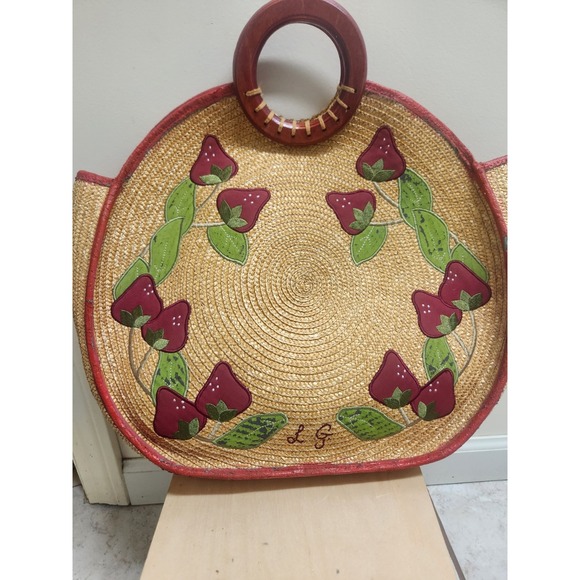 Lulu Guinness Straw Tote Purse Wooden Handle Strawberry Applique Red Trim - Picture 1 of 8